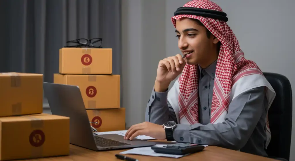 شاب-سعودي-يدير-متجر-إلكتروني-مشاريع-صغيرة-ناجحة-للشباب-في-السعودية-مع-منصة-أرفف-للتجارة-الإلكترونية
